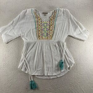 Wonderly Embroidered Tunic Top White Boho Beachy Whimsy Hippie Festival Womens S